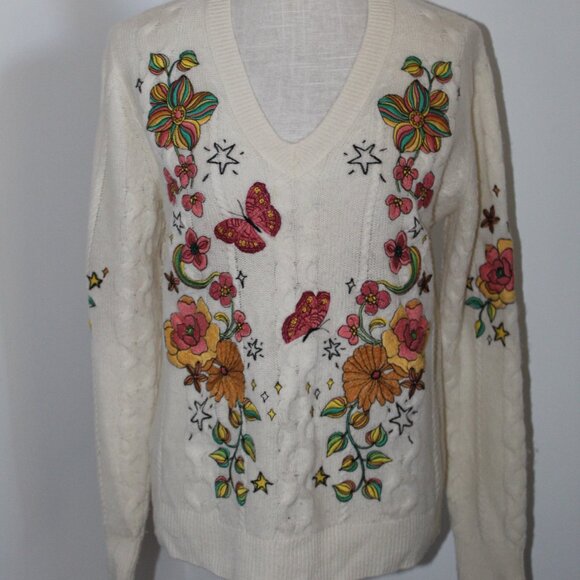 Johnny Was Biya JWLA Embroidered V-Neck Sweater Pullover Wool Cashmere M - Picture 1 of 7